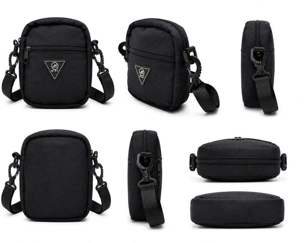 Black crossbody bag shown from multiple angles on a white background
