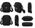 Black crossbody bag shown from multiple angles on a white background