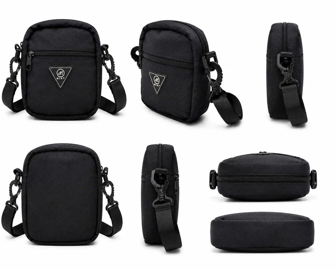 Black crossbody bag shown from multiple angles on a white background