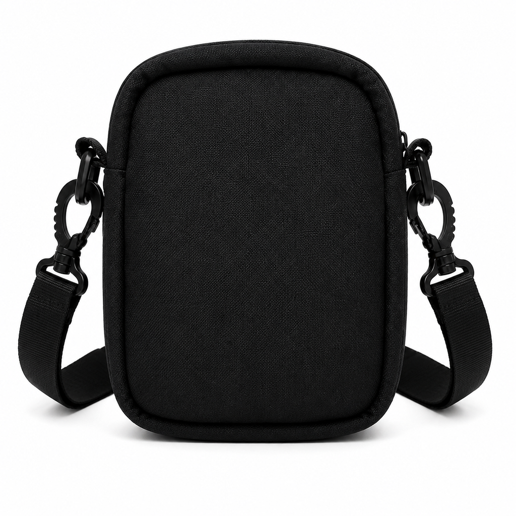 Black crossbody bag with adjustable strap on a white background