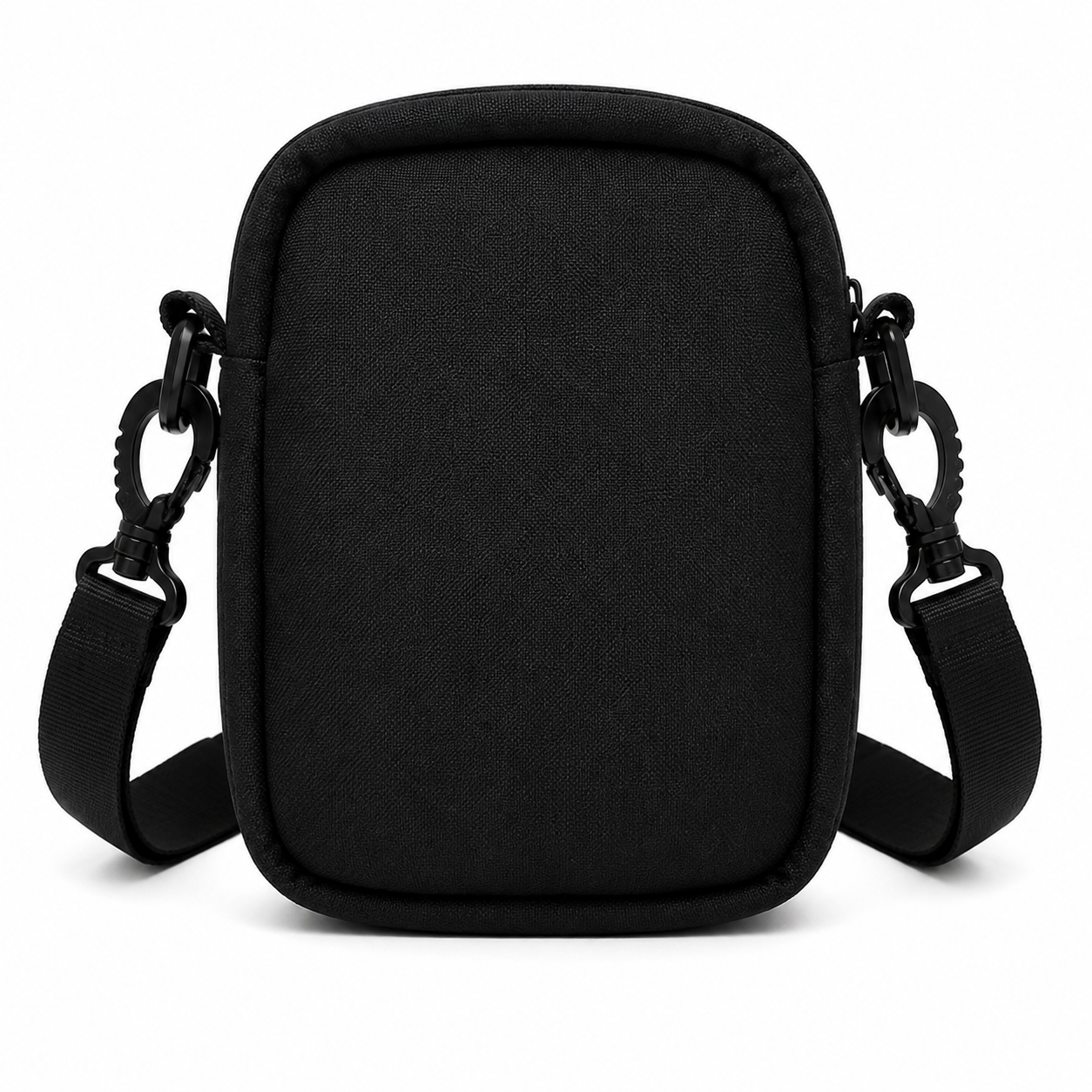 Black crossbody bag with adjustable strap on a white background