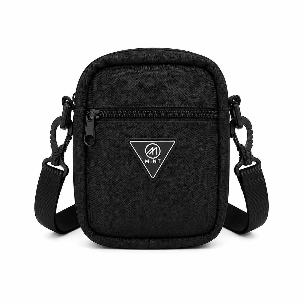 Black crossbody bag with a triangle logo on a white background