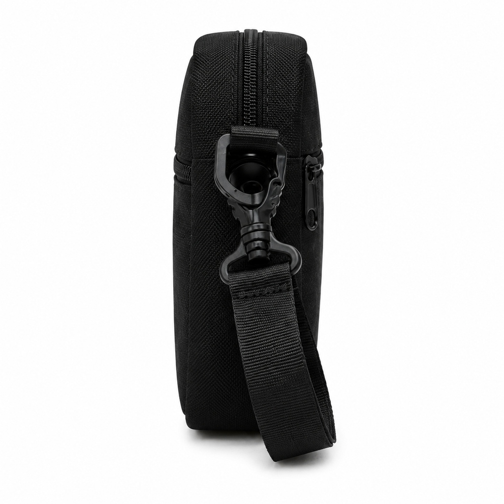 Black crossbody bag with a strap on a white background