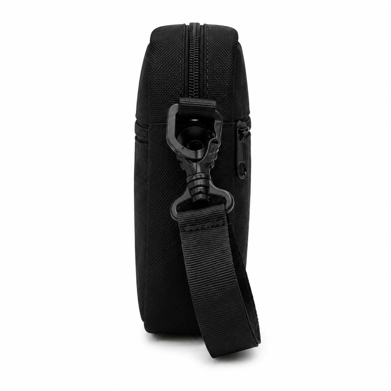 Black crossbody bag with a strap on a white background