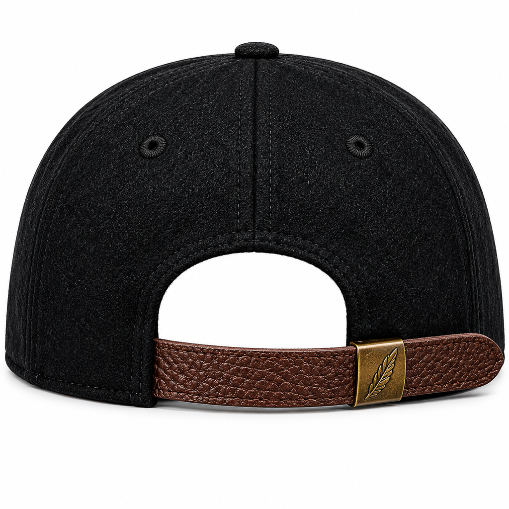 Black cap with brown leather strap and gold emblem on a white background