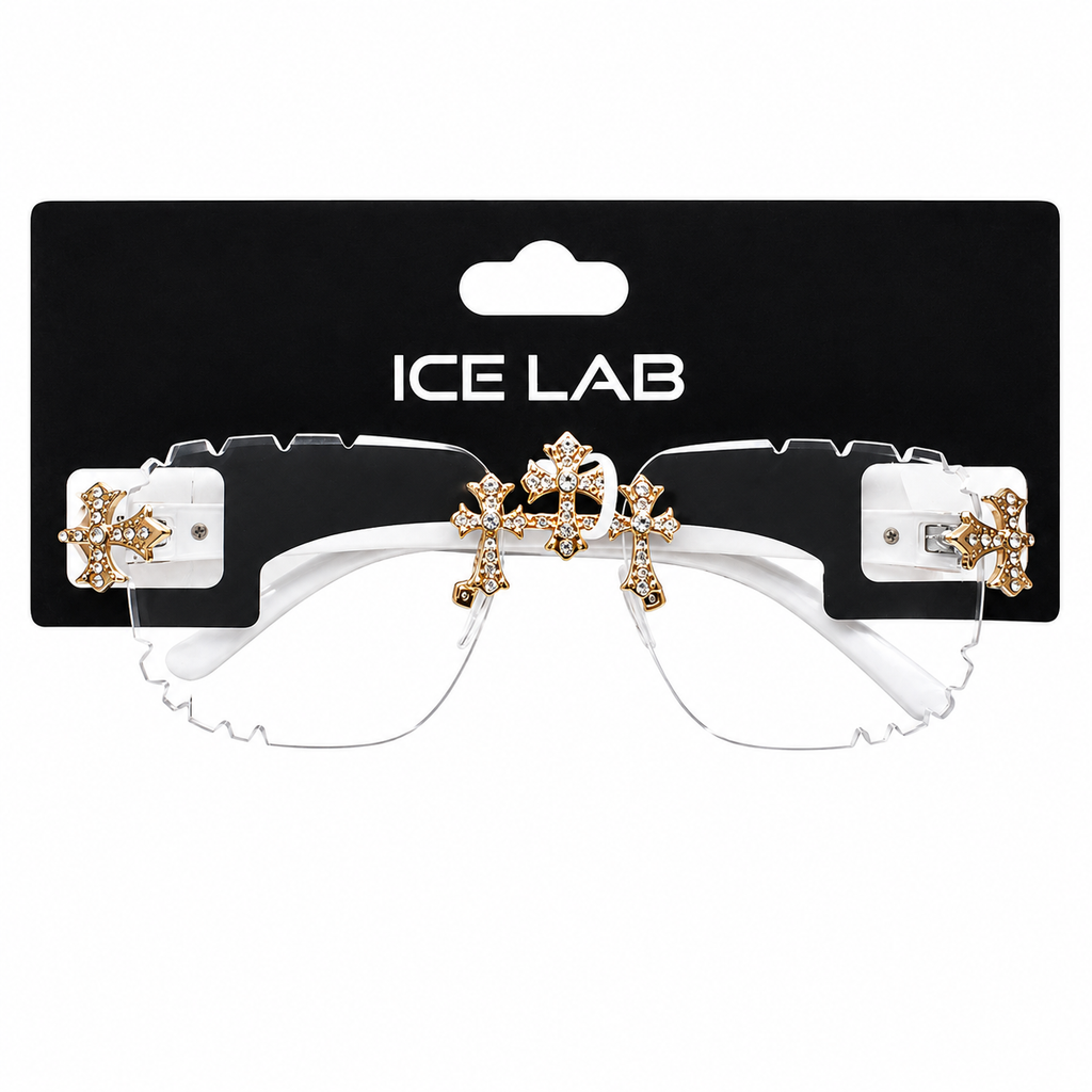 White sunglasses with gold decorative elements on a black Ice Lab packaging