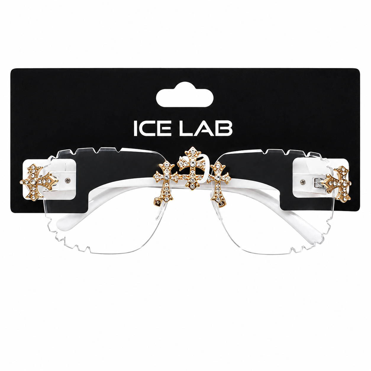 White sunglasses with gold decorative elements on a black Ice Lab packaging