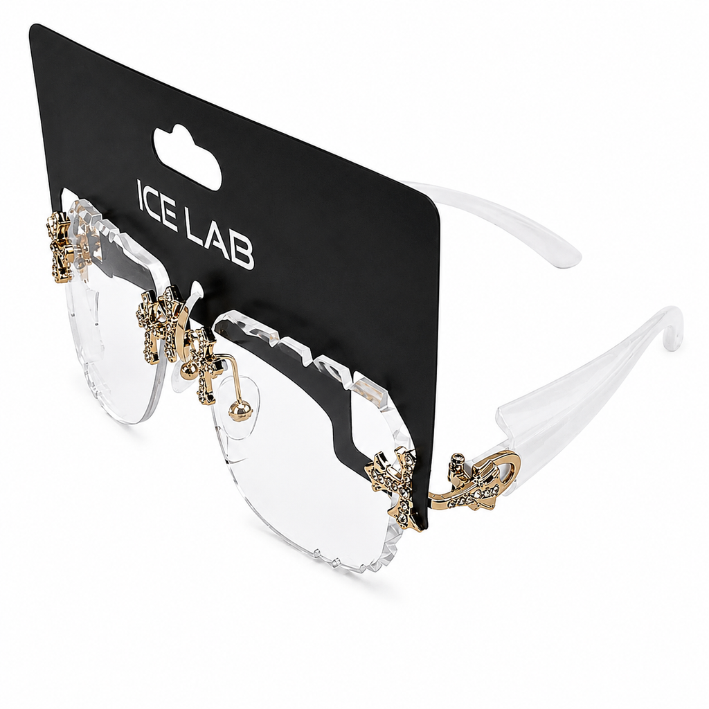 Clear sunglasses with gold accents on a black Ice Lab card