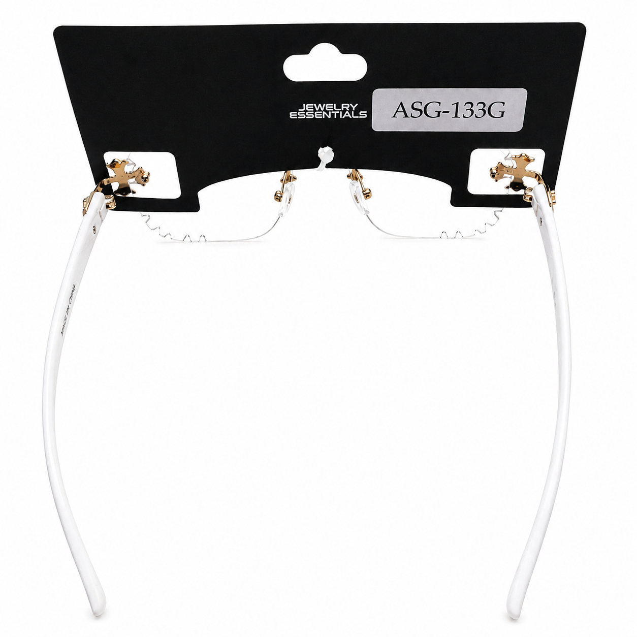 White headband with gold accents on a black card labeled 'Jewelry Essentials' with product code ASG-133G.