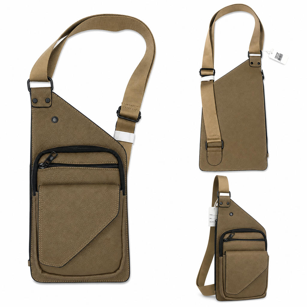 Brown shoulder bag with a strap on a white background