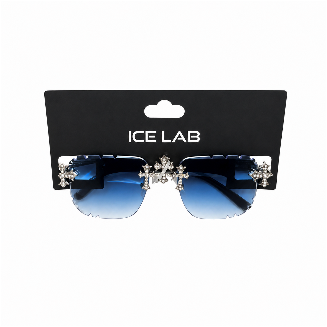 Sunglasses with decorative elements on a black Ice Lab packaging