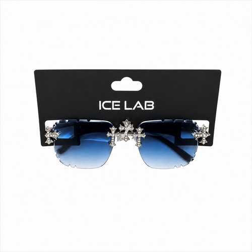 Sunglasses with decorative elements on a black Ice Lab packaging
