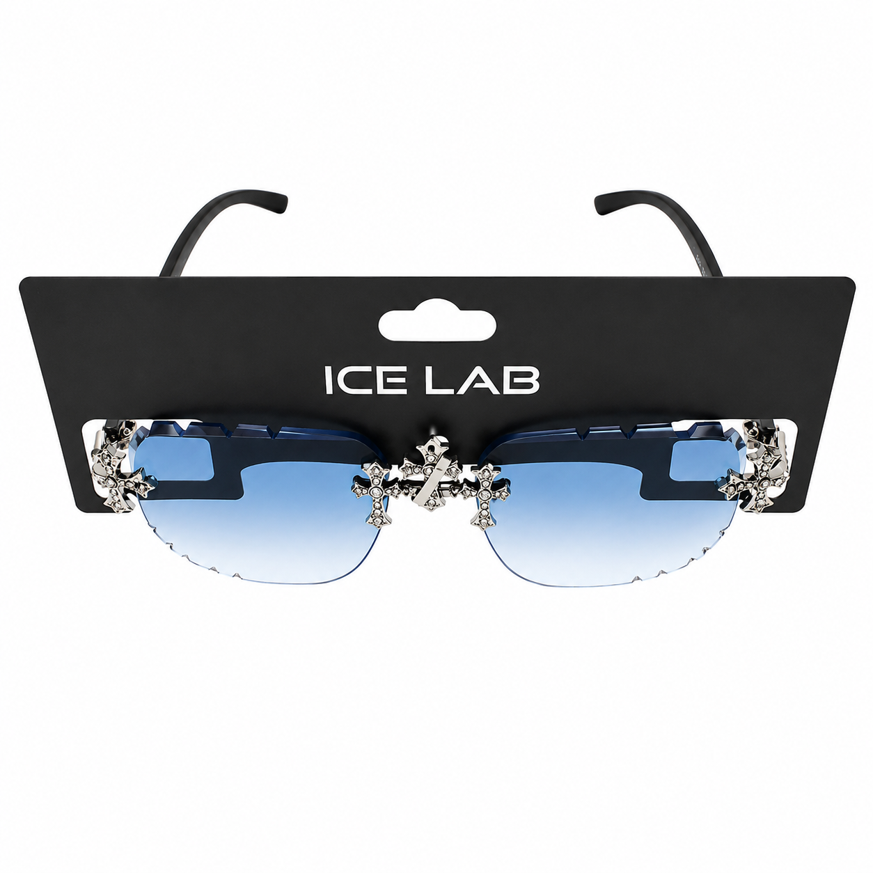 Blue Rimless Cross Rhinestone Sunglasses – Gradient Lens