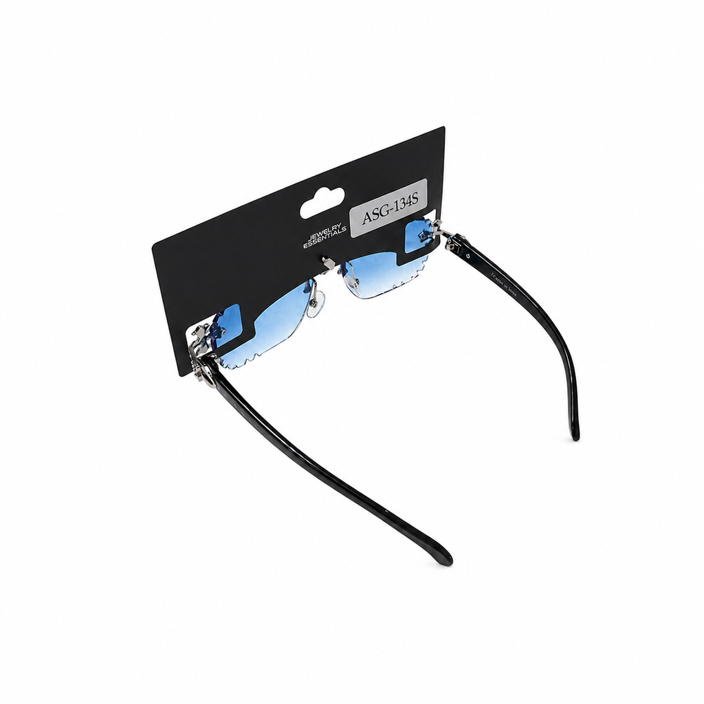 Black sunglasses with blue lenses on a white background