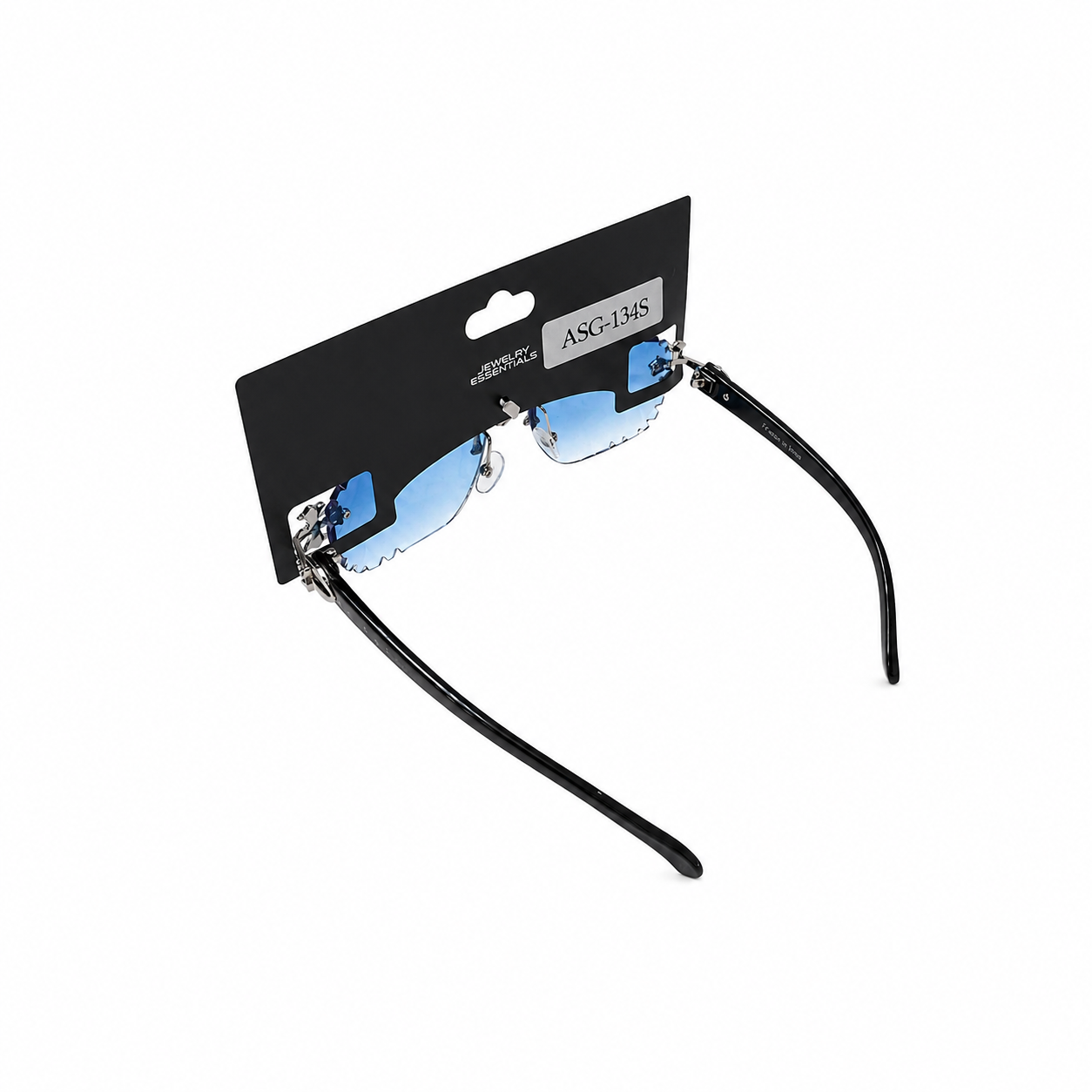 Black sunglasses with blue lenses on a white background