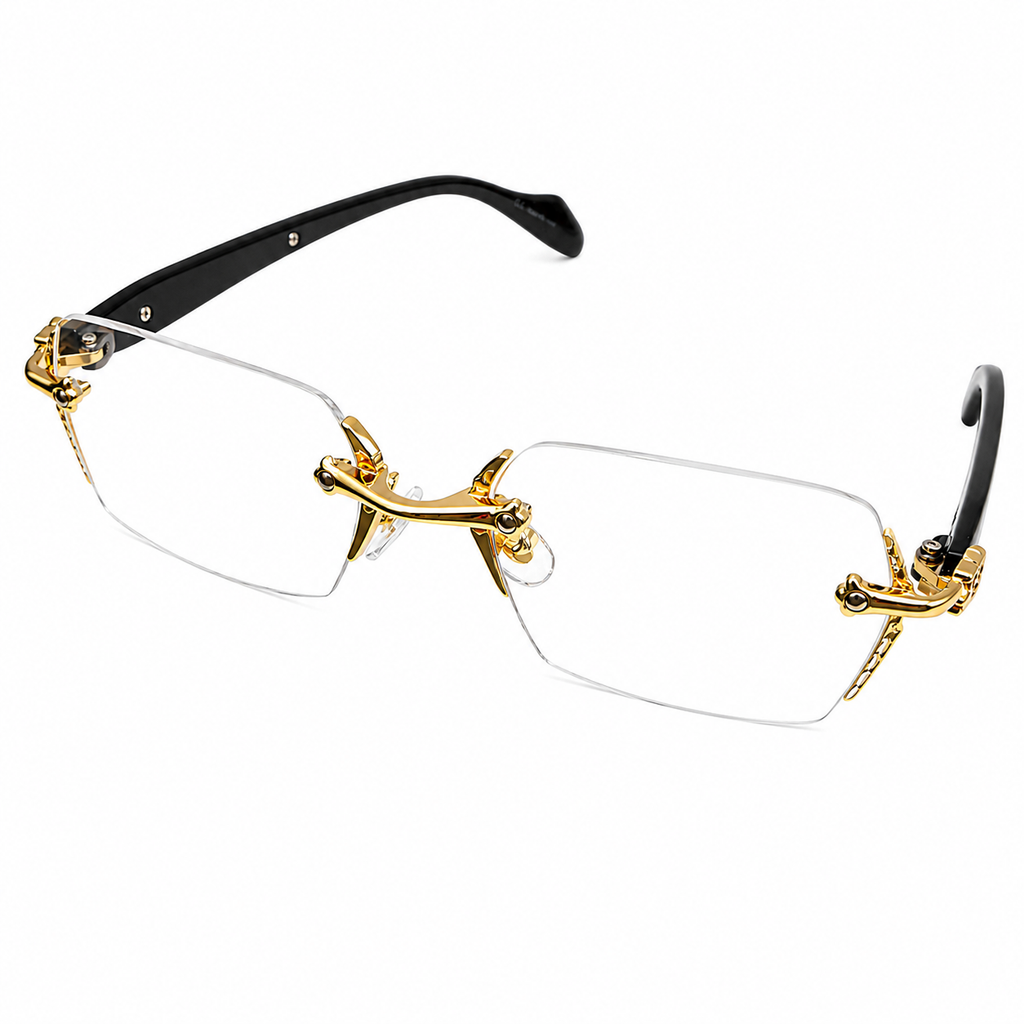 Gold-rimmed eyeglasses on a white background