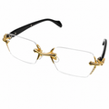 Gold-rimmed eyeglasses on a white background