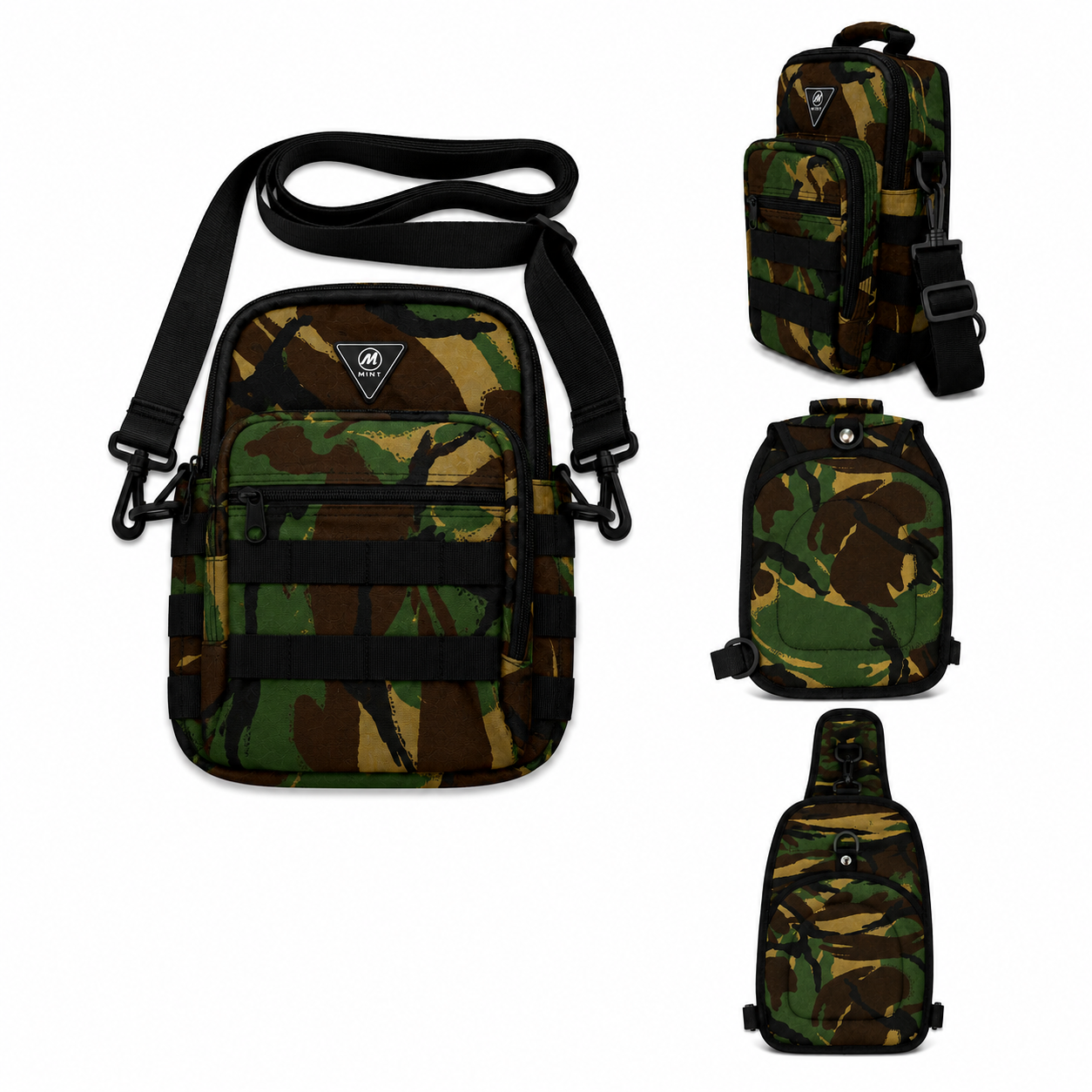 Camouflage-patterned bags with black straps on a white background