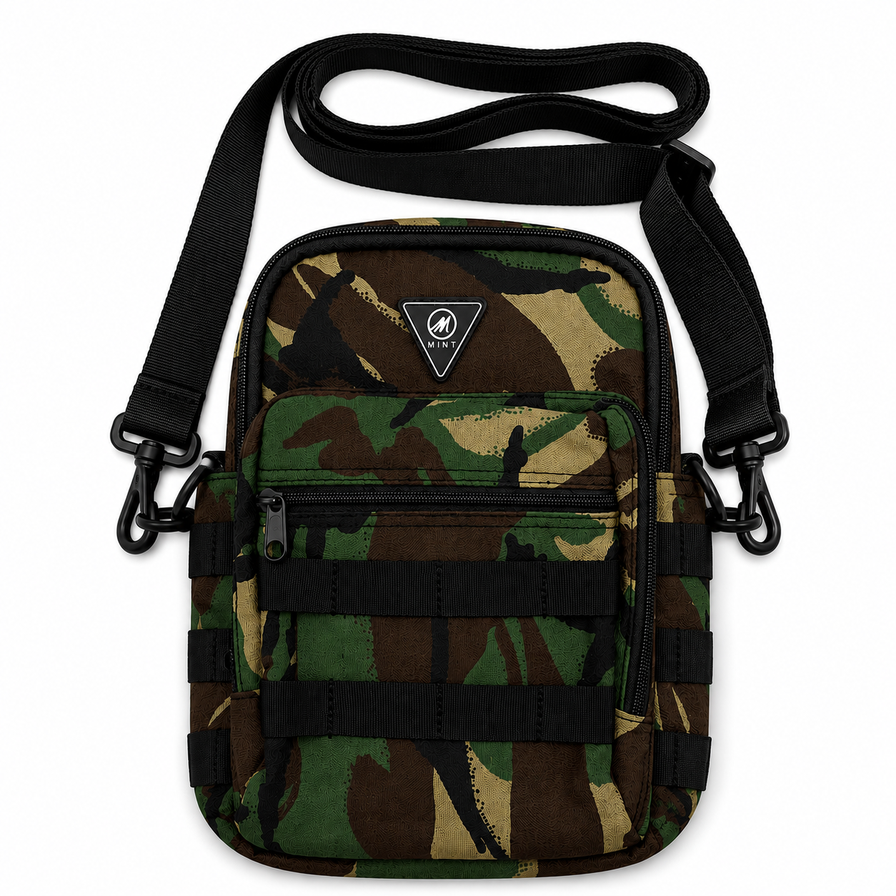 Camouflage crossbody bag with black strap on a white background