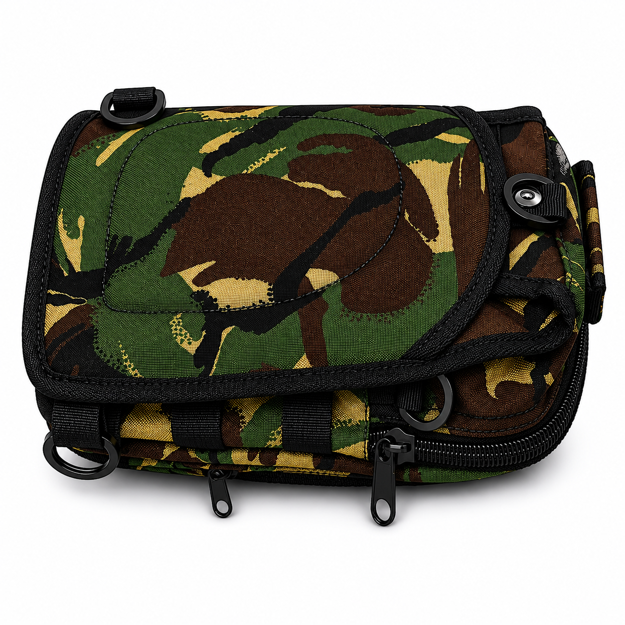 Camouflage-patterned bag with black straps on a white background