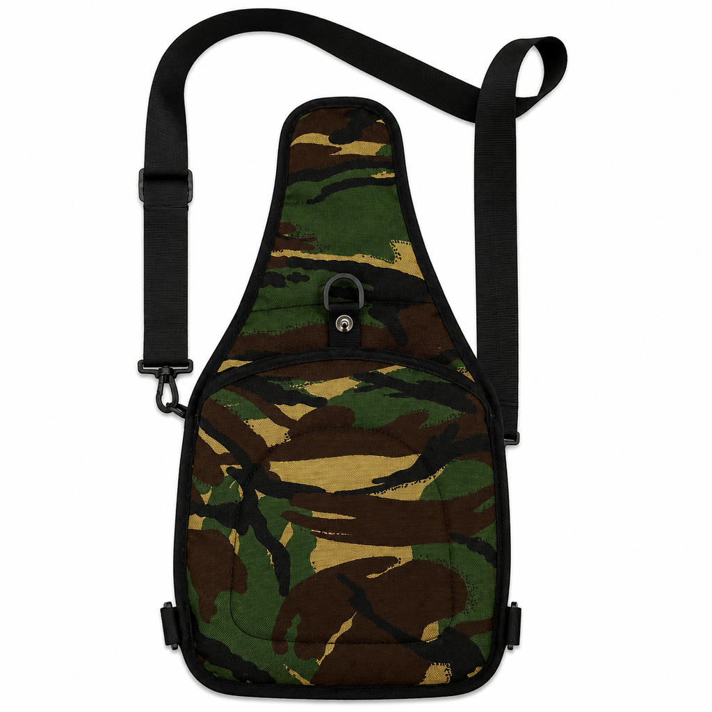 Camouflage sling bag with a black strap on a white background
