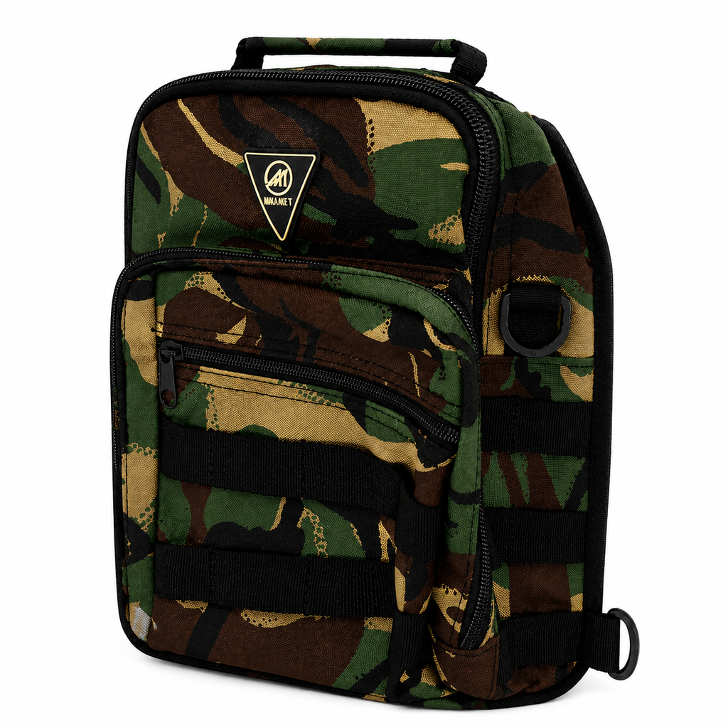 Camouflage backpack with a brand logo on a white background
