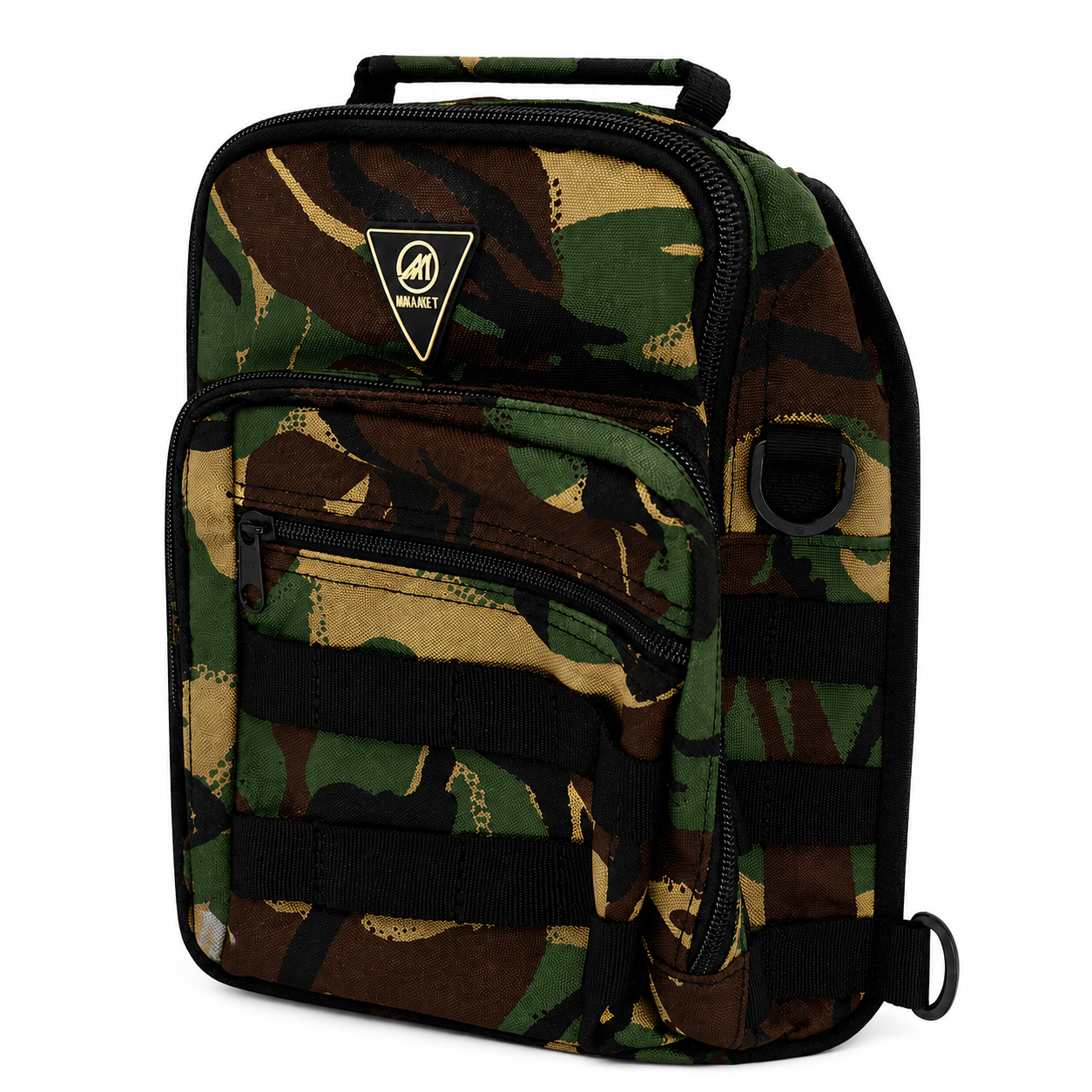Camouflage backpack with a brand logo on a white background