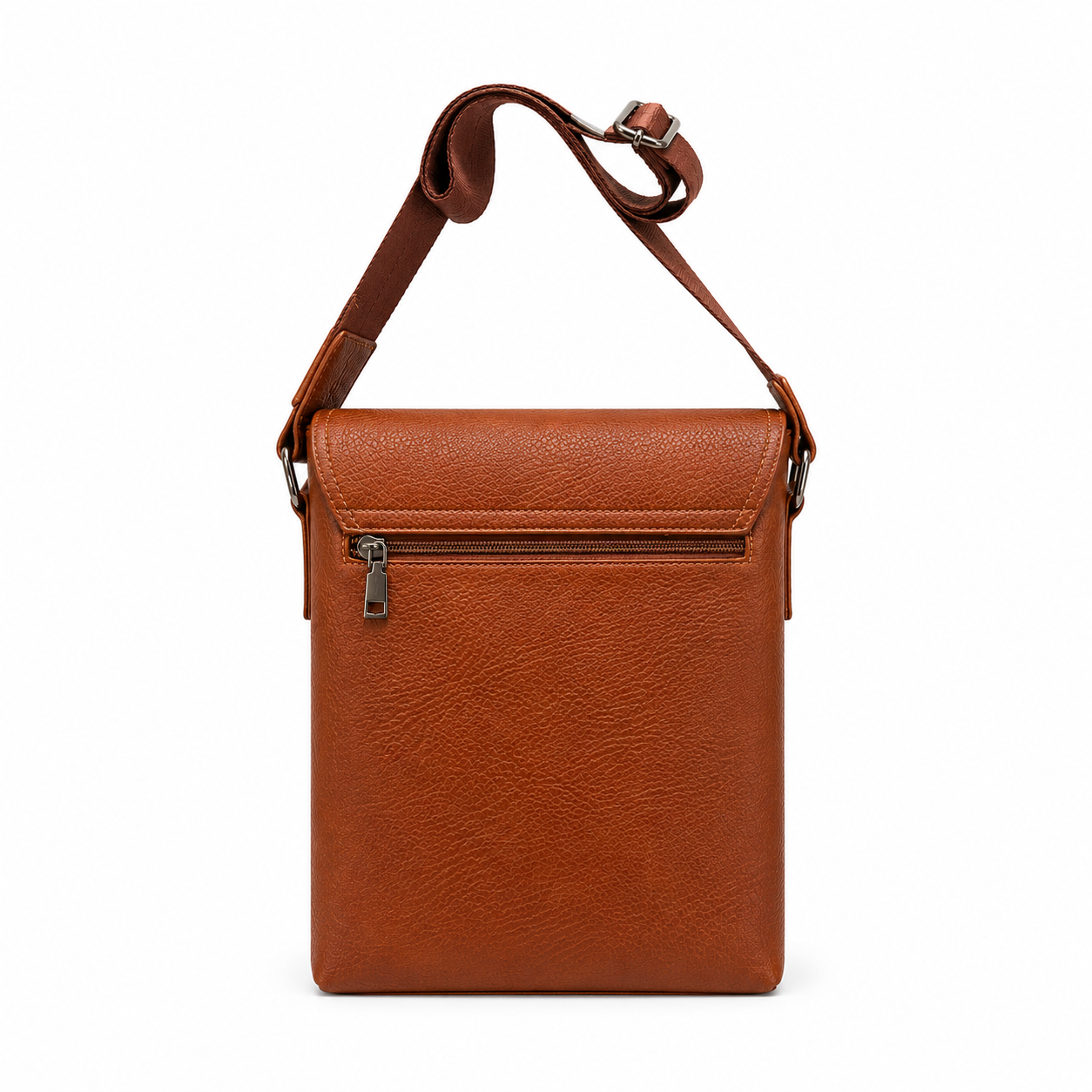 Brown leather crossbody bag on a white background