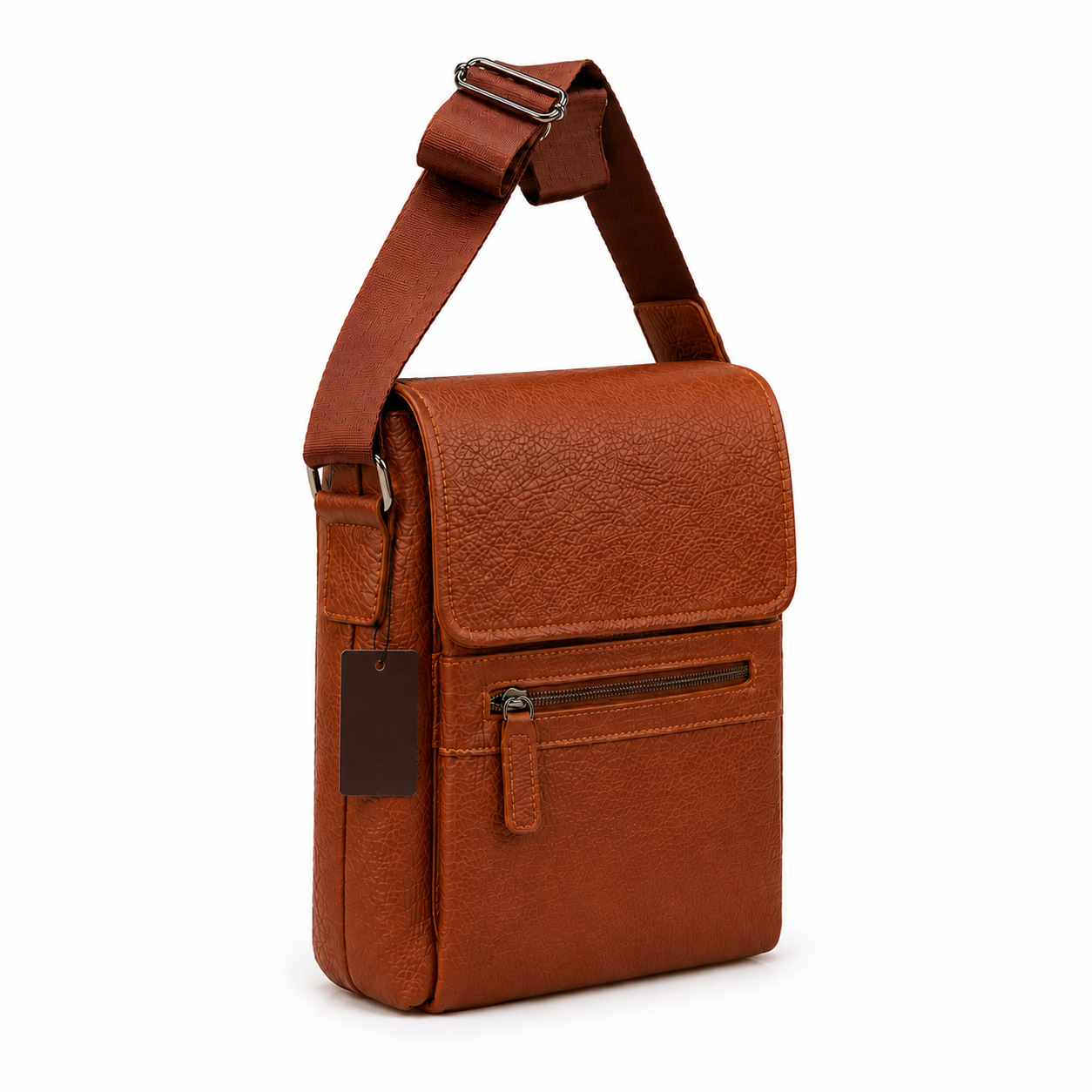 Brown leather crossbody bag on a white background