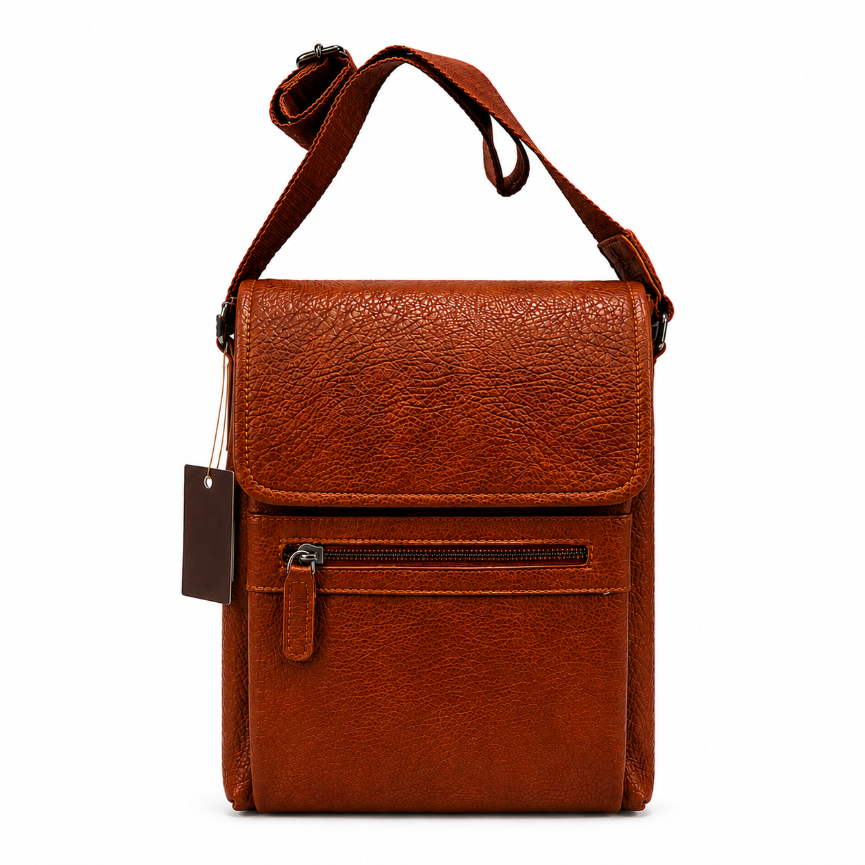 Brown leather crossbody bag on a white background