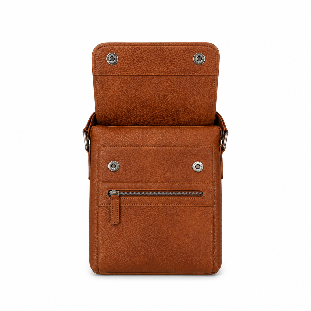 Brown leather bag with a zipper on a white background
