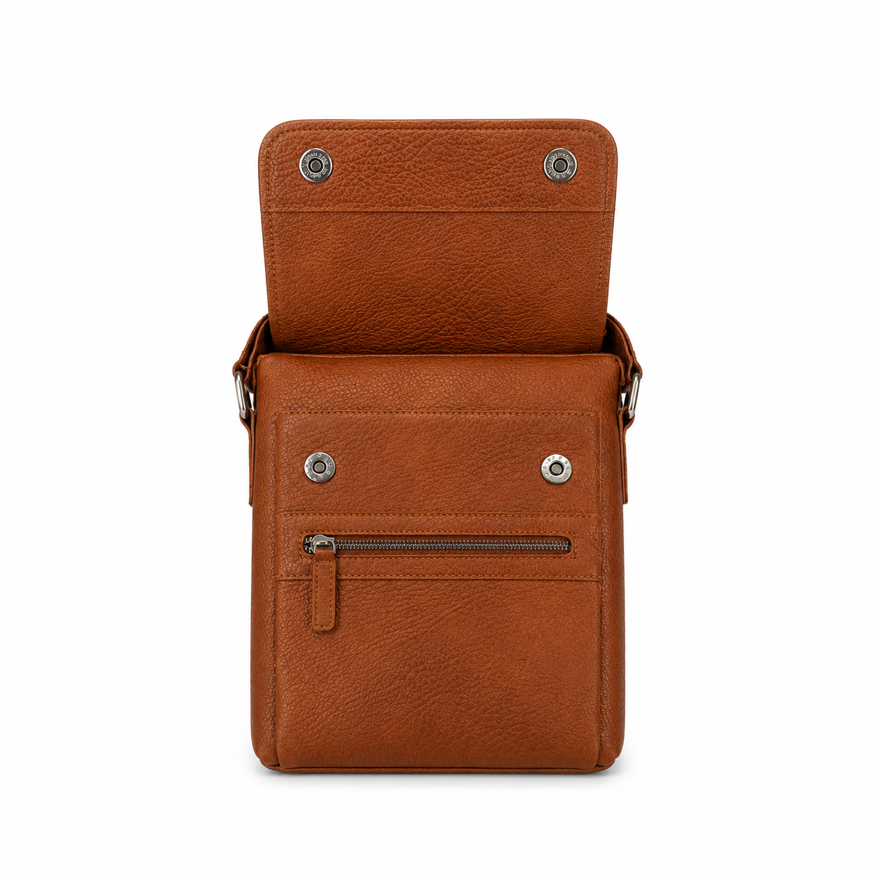 Brown leather bag with a zipper on a white background