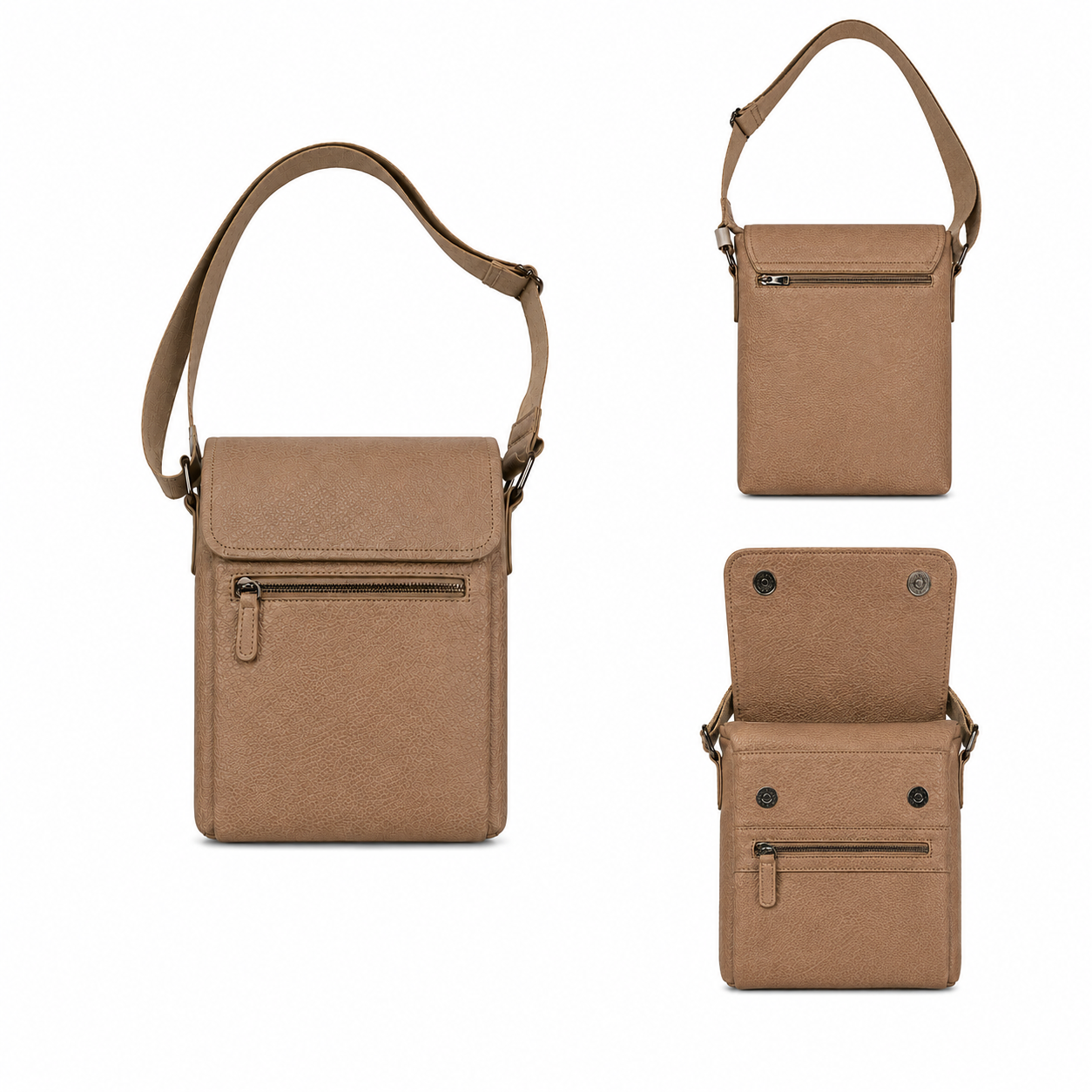 Brown crossbody bag shown from multiple angles on a white background