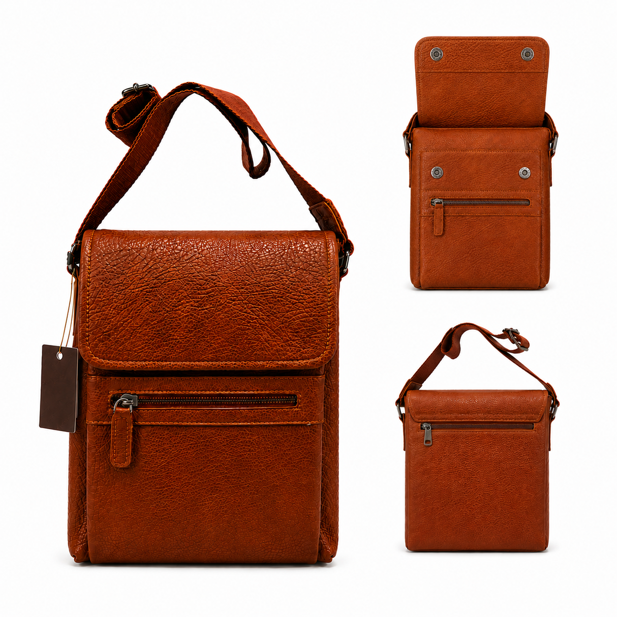 Brown leather crossbody bag shown from multiple angles on a white background