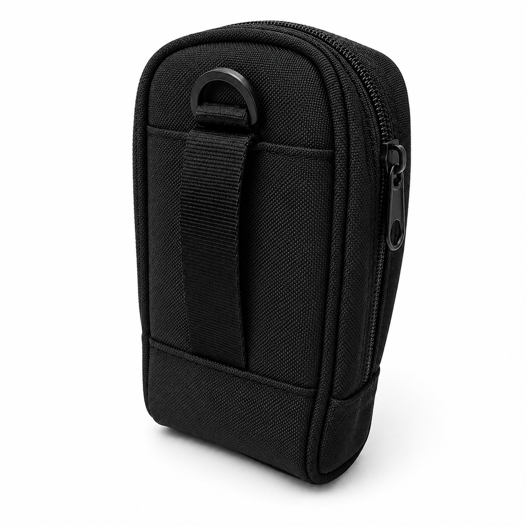 Black zippered pouch on a white background