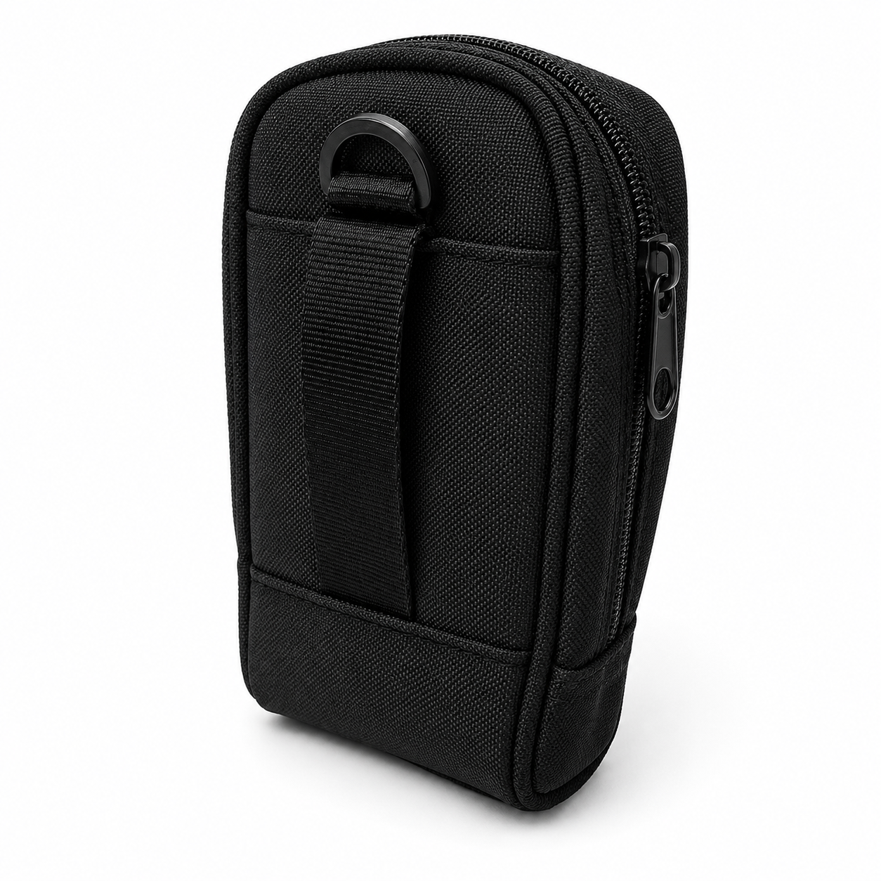 Black zippered pouch on a white background