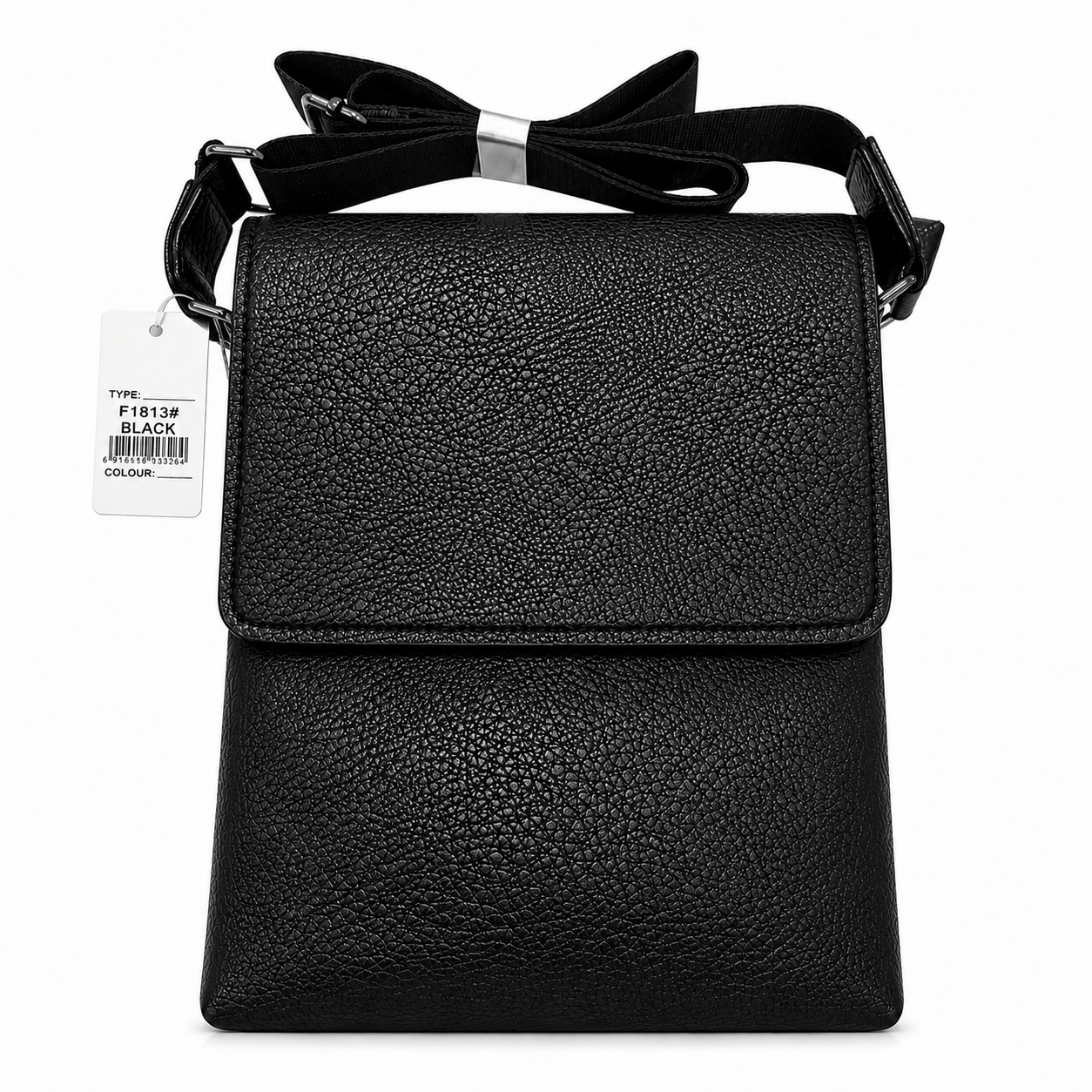 Black leather crossbody bag with a bow on a white background