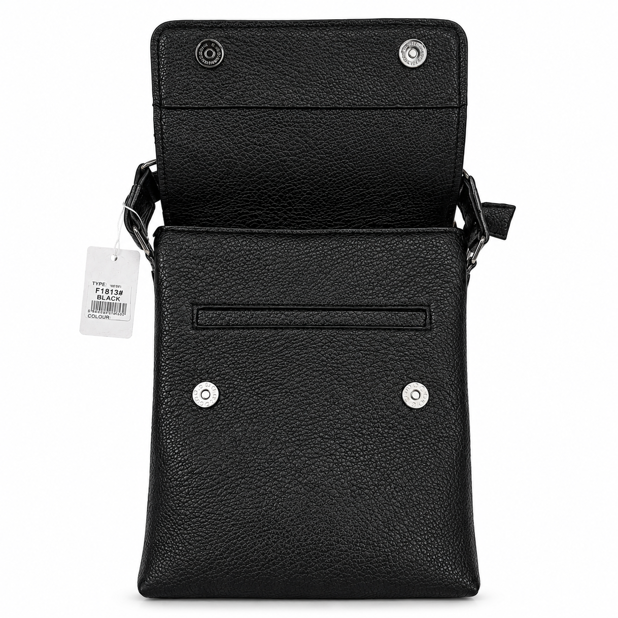 Black leather crossbody bag with visible brand tag on a white background
