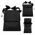 Black leather crossbody bag with bow detail on strap, shown from multiple angles.
