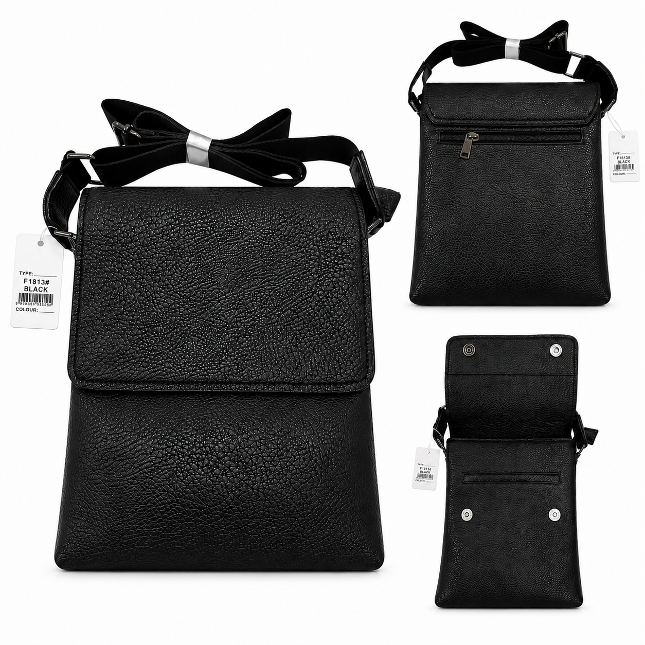 Black leather crossbody bag with bow detail on strap, shown from multiple angles.