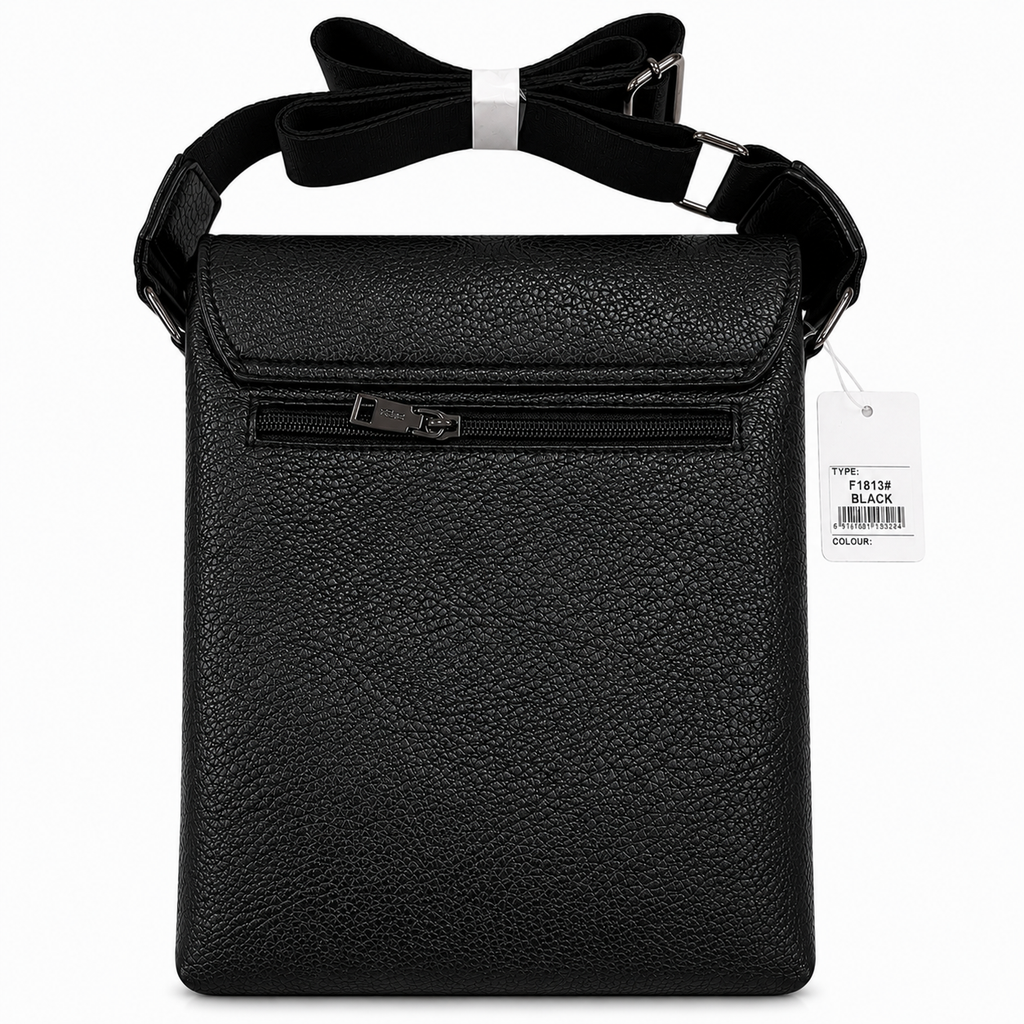 Black leather crossbody bag with a bow on a white background
