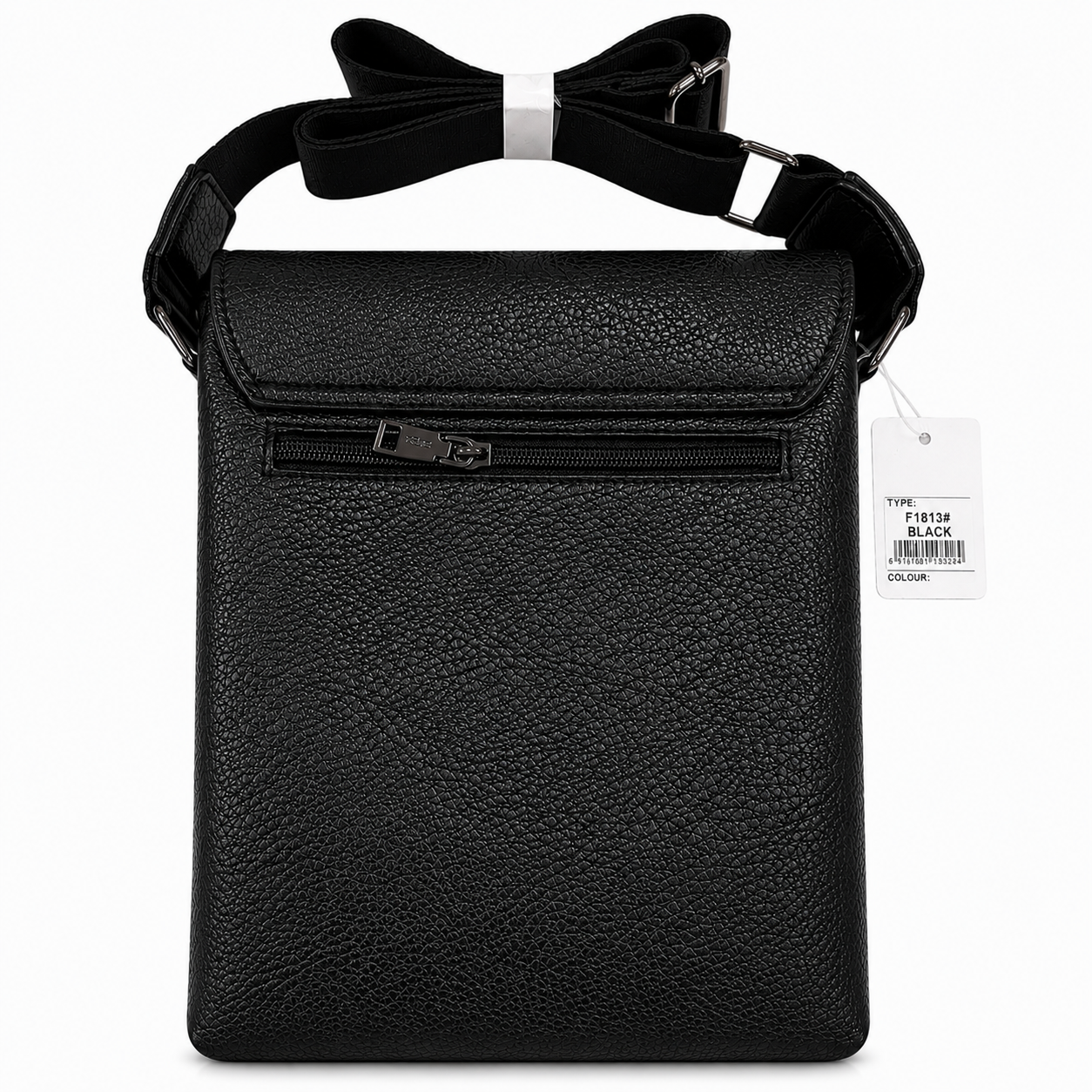 Black leather crossbody bag with a bow on a white background