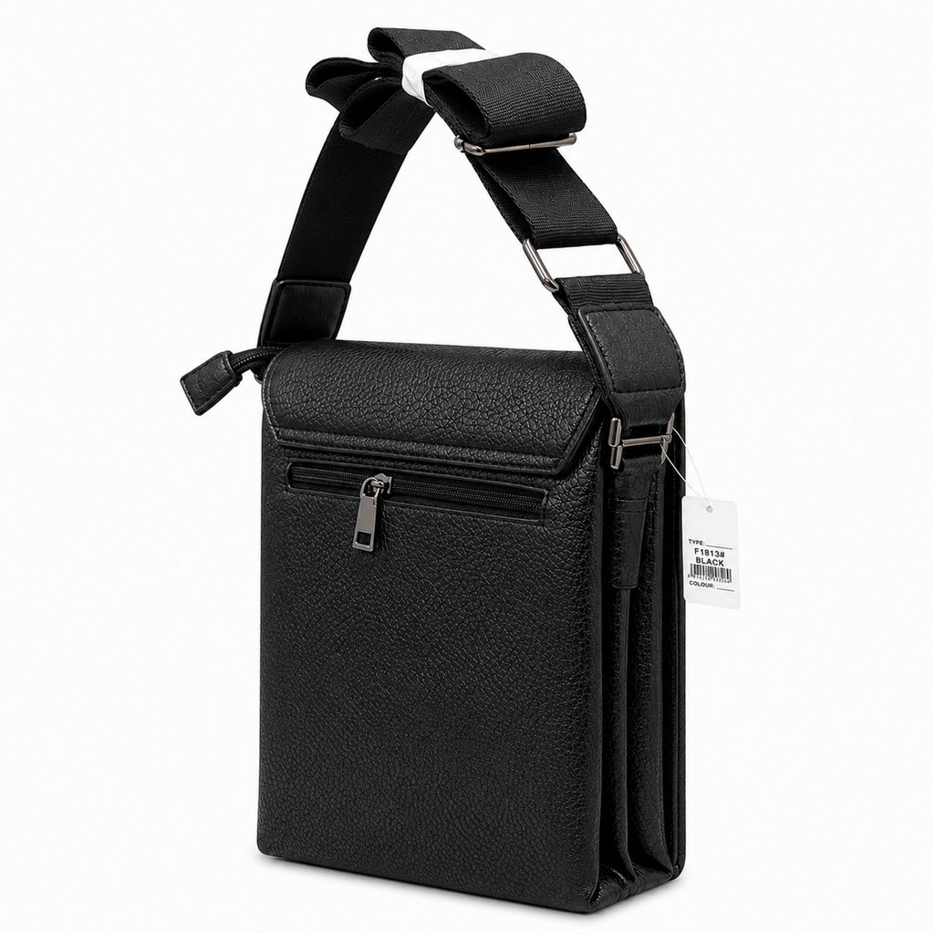 Black crossbody bag with a strap on a white background